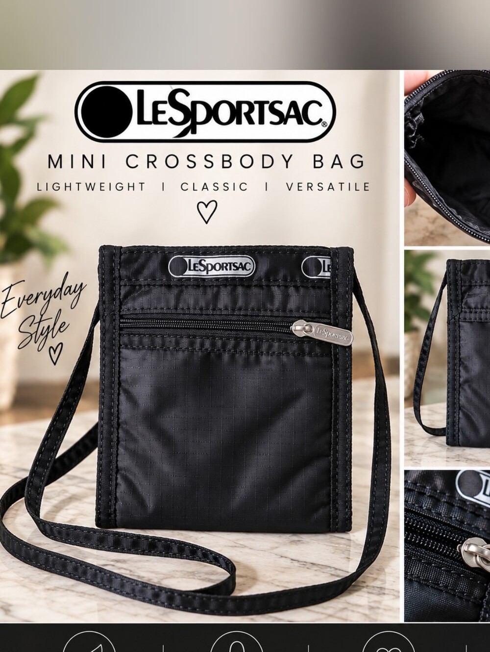 LeSportsac Black Nylon Mini Crossbody Shoulder Bag Zip Pockets Lightweight